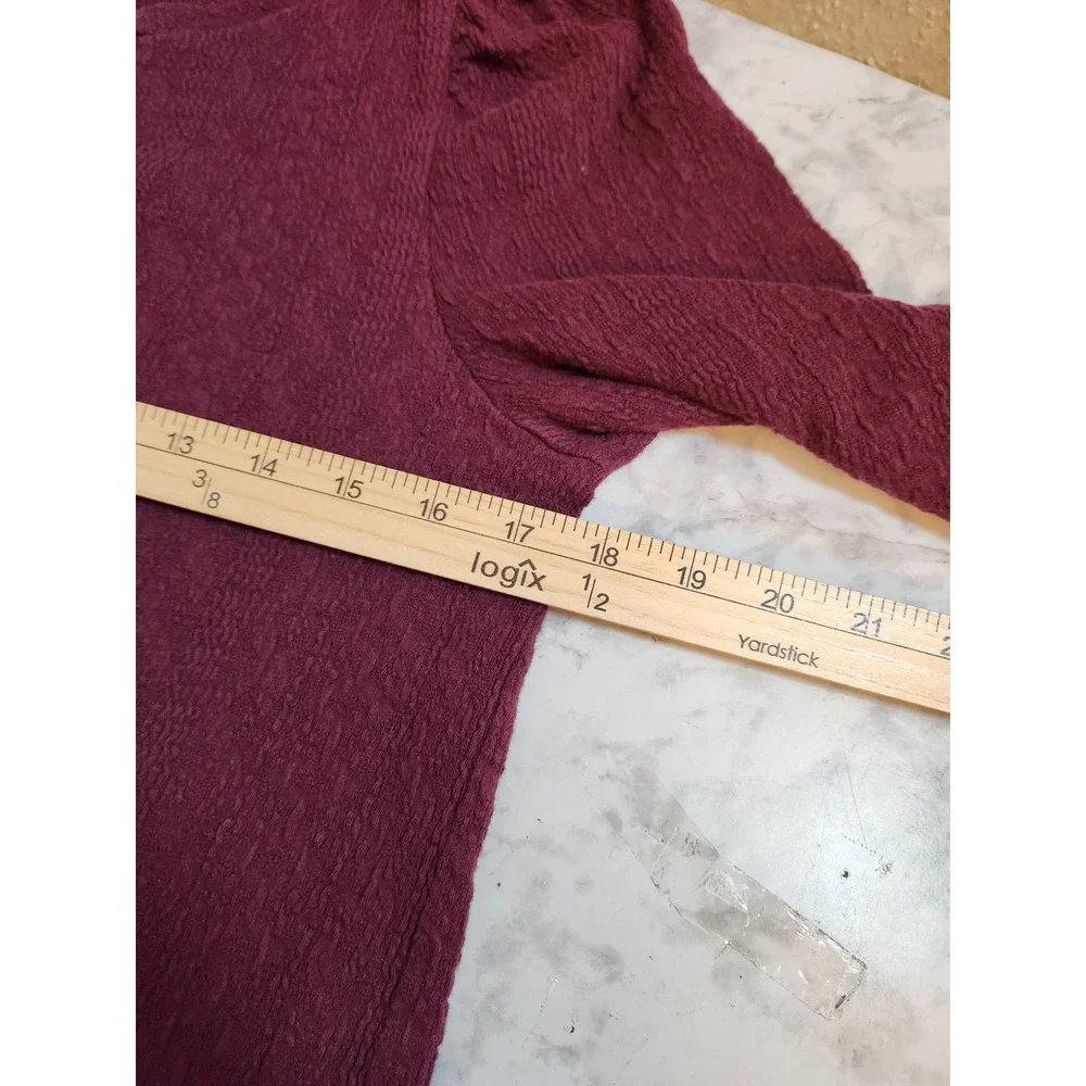 LOFT Womens Medium Burgundy Knit Top Puff Sleeve Textured Crew Neck Long Sleeve